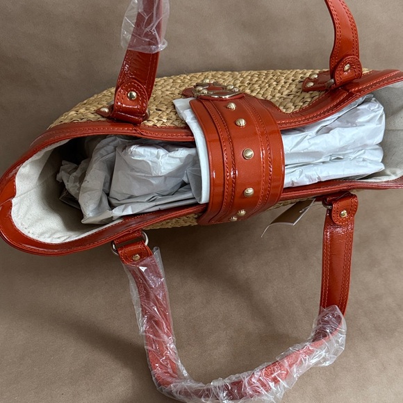 Michael Kors Large Braided Raffia and Burnt Orange Patent Leather Tote Bag - Picture 3 of 3